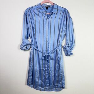 EXPRESS Blue Striped Satin Roll-Tab Sleeve Tie-Waist Shirt Dress Medium Petite